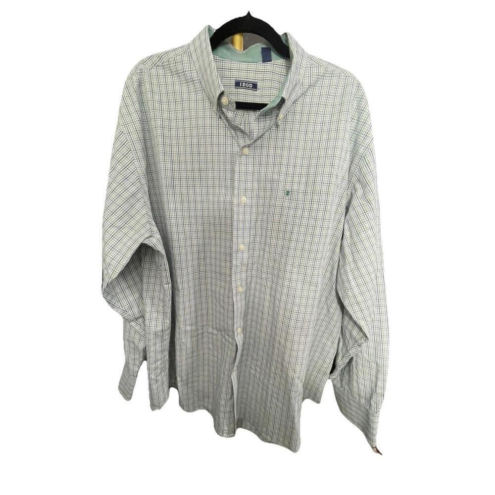 Izod Mens Shirt Sz XXL Green Blue White Check Button Up Long Sleeve Preppy Work